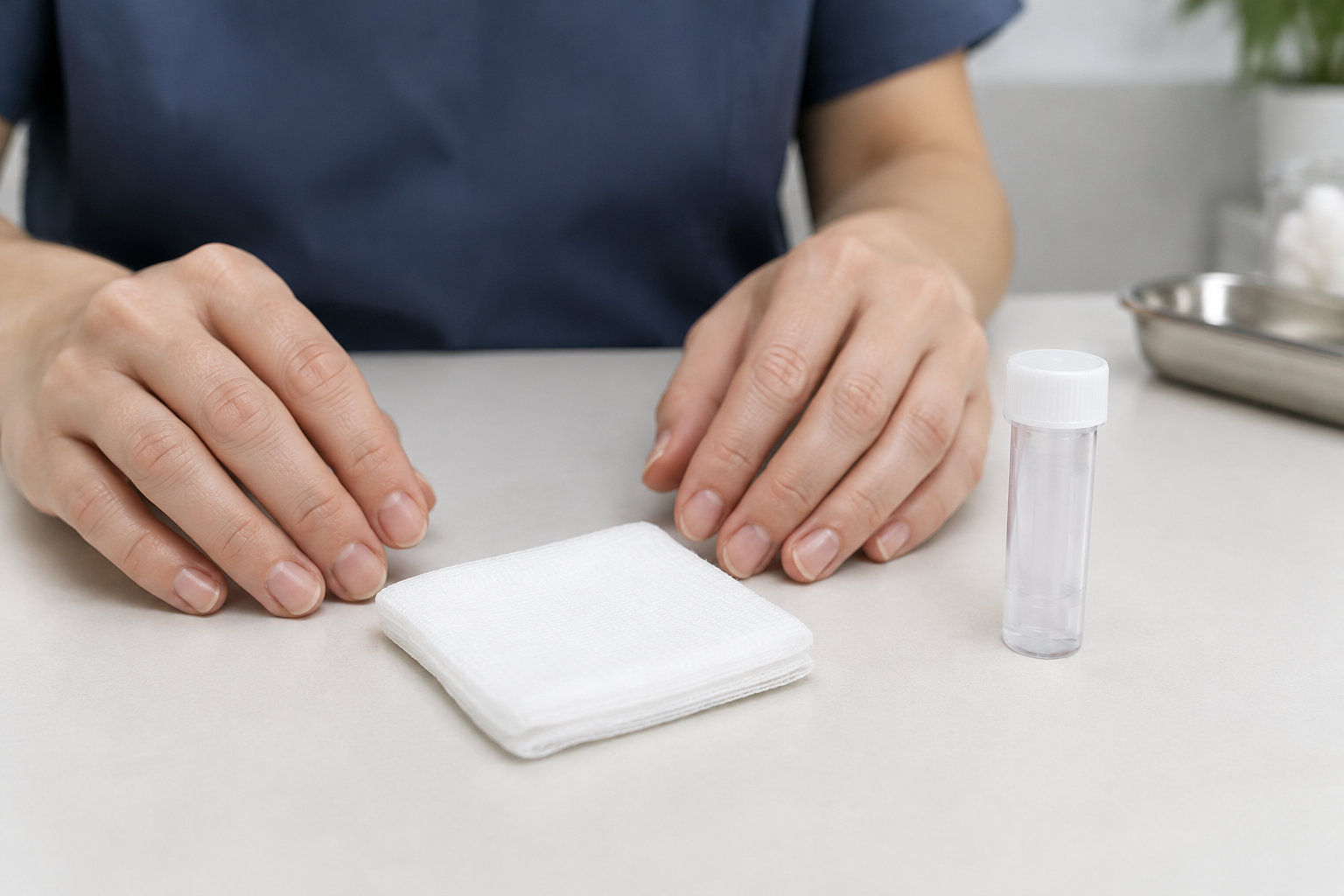 Une personne en blouse bleue pose les mains près d’une compresse blanche et d’un petit flacon transparent sur une table.