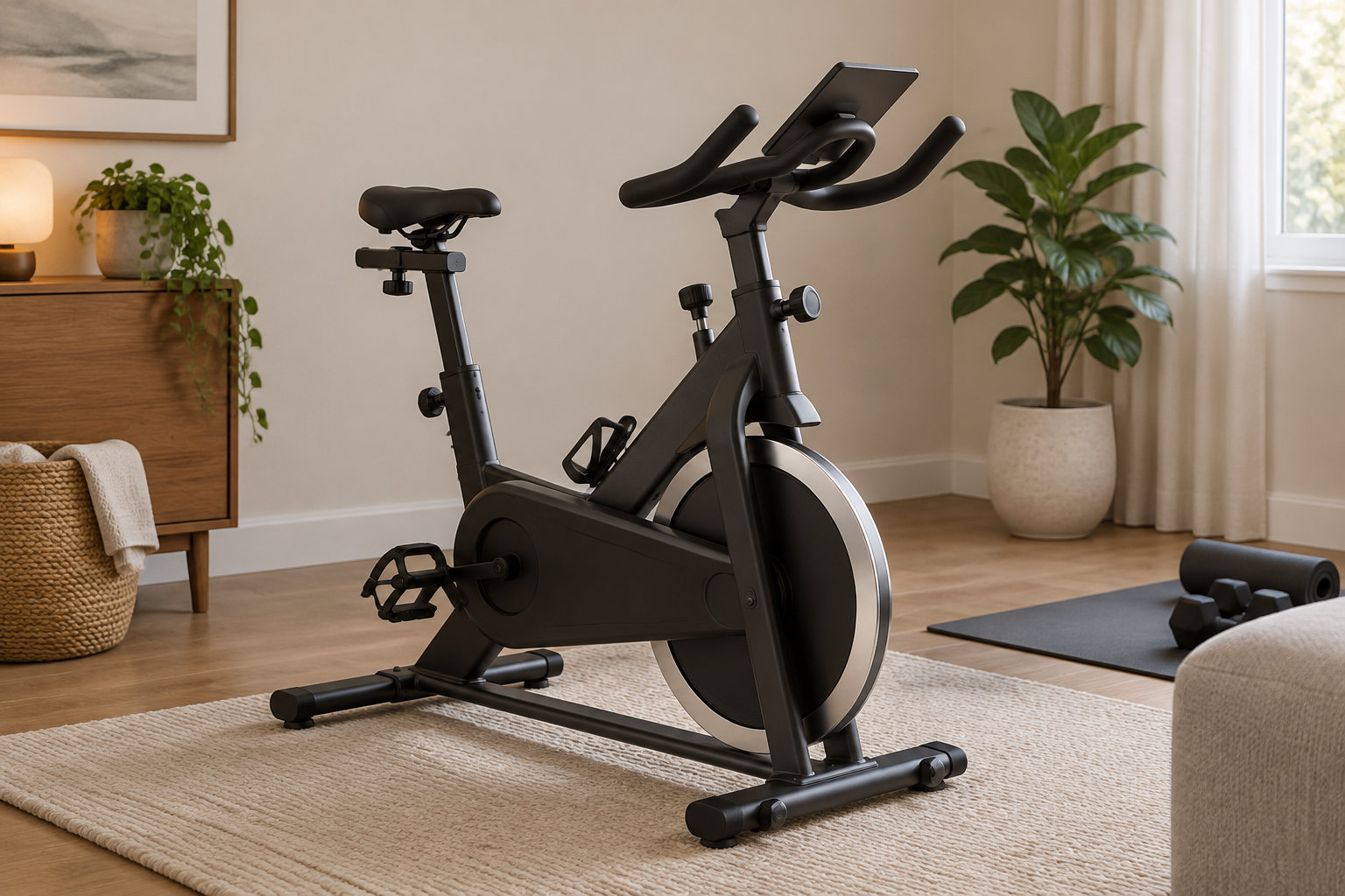 Un vélo d’appartement noir se trouve sur un tapis dans un salon, près d’un tapis de yoga, d’haltères et de plantes.