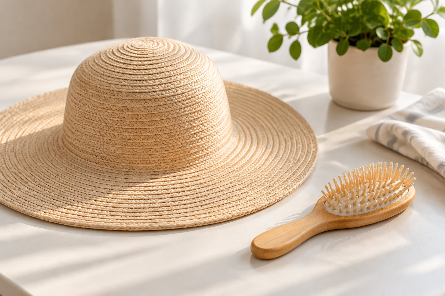 Un chapeau de paille et une brosse à cheveux en bois sont posés sur une table claire, près d’une plante en pot et d’un linge plié.