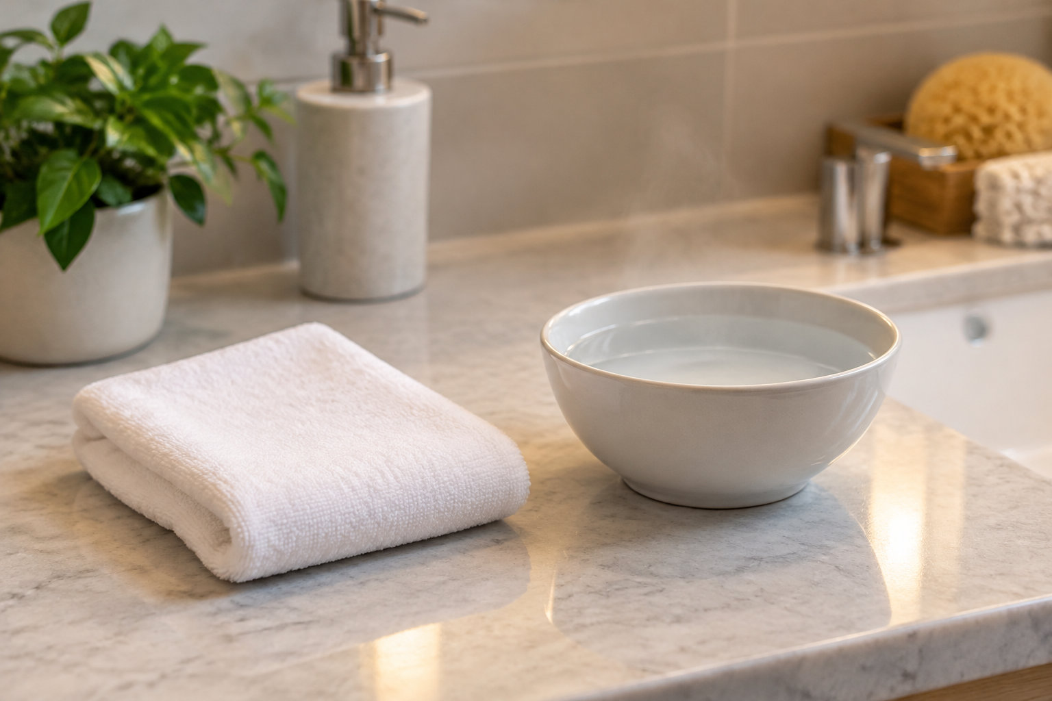 Un bol blanc rempli d’eau et une serviette pliée sont posés sur un comptoir en pierre dans une salle de bain, près d’une plante et d’accessoires.
