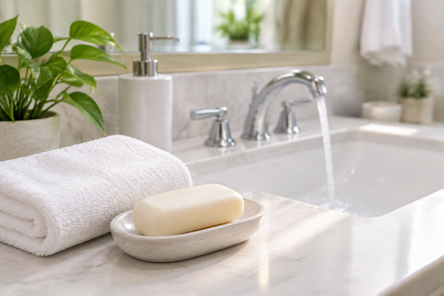 Un savon repose dans un porte-savon près d’une serviette blanche, tandis que l’eau coule d’un robinet dans une baignoire.