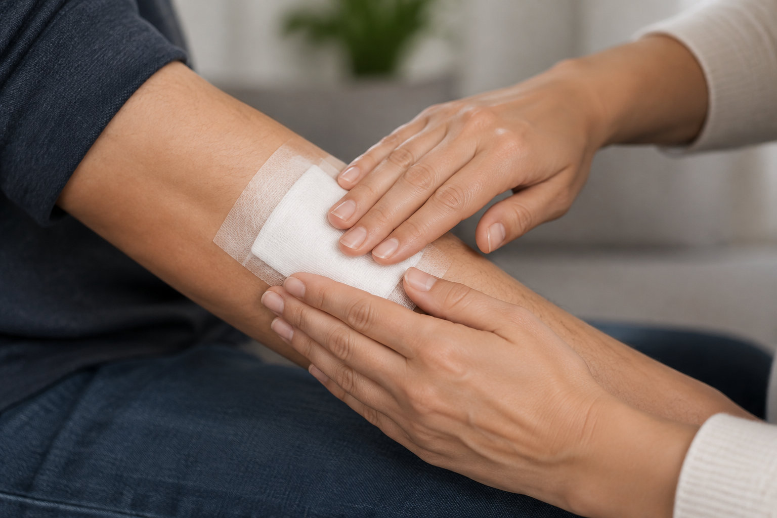 Deux mains placent et maintiennent une compresse blanche sur l’avant-bras d’une personne.