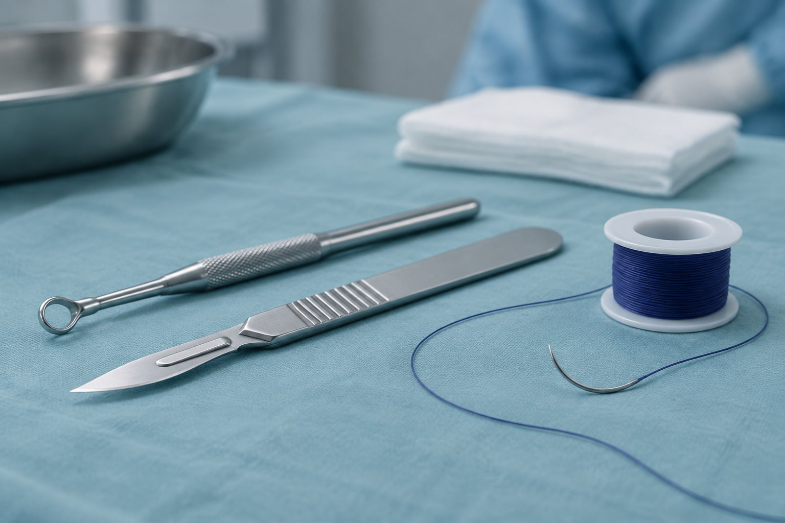 Des instruments chirurgicaux en métal et une bobine de fil bleu avec une aiguille sont posés sur un tissu bleu, près de compresses blanches et d’un plateau métallique.