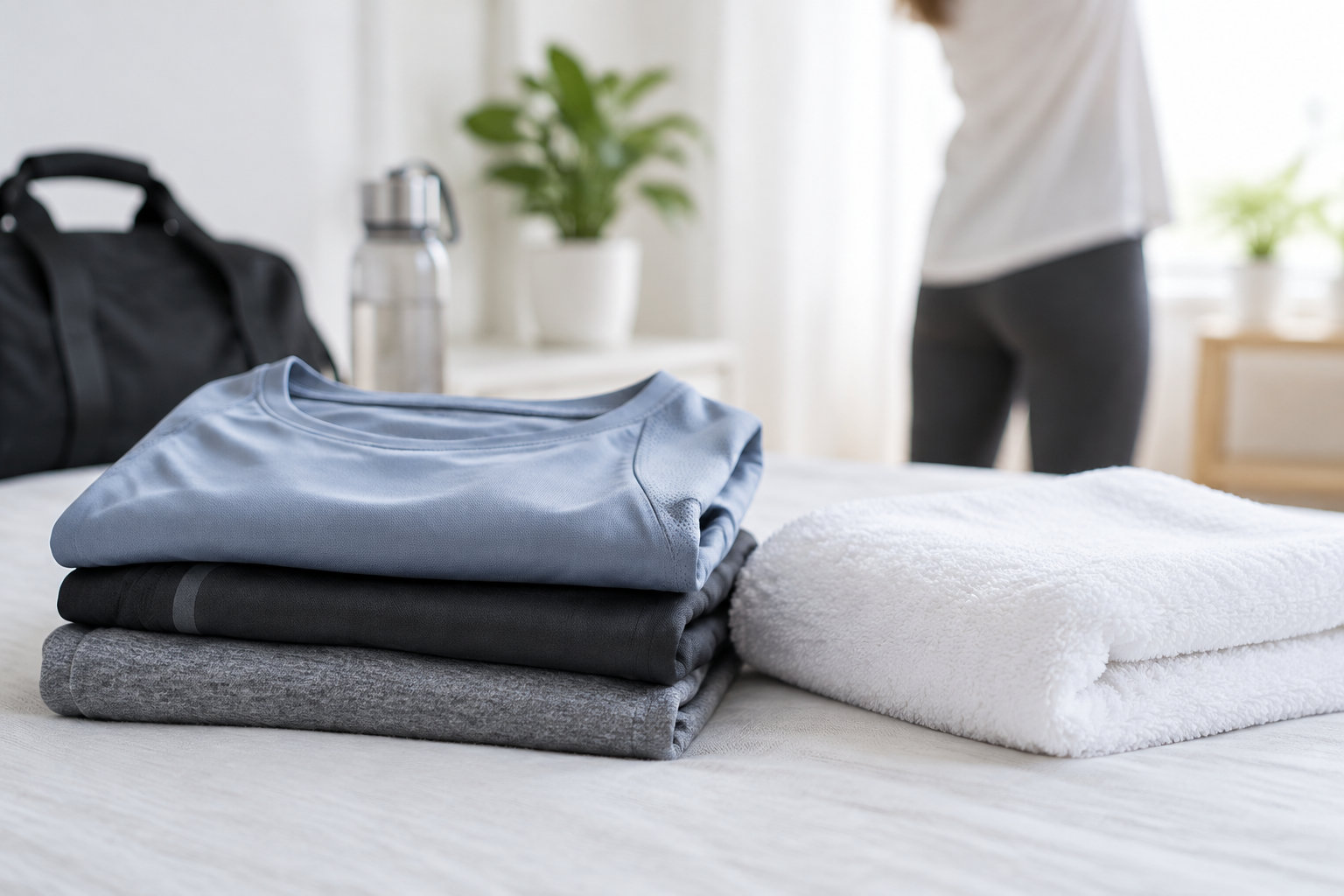 Des vêtements pliés et des serviettes blanches sont posés sur une table, avec un sac et une bouteille en arrière-plan tandis qu’une personne se tient debout.