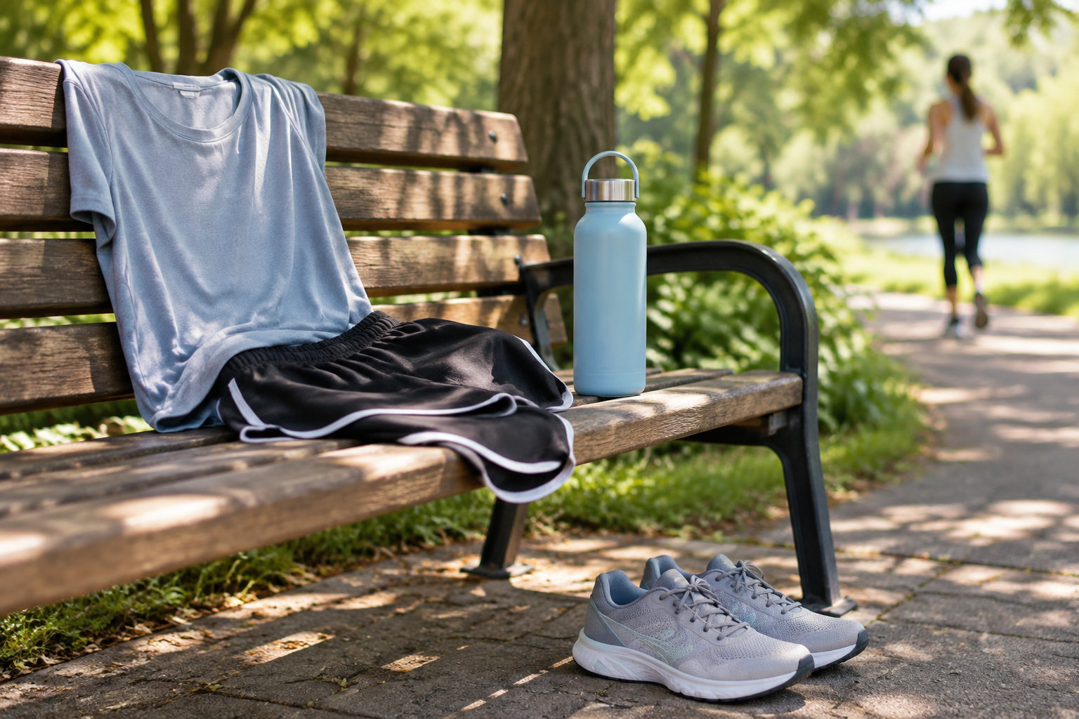Un tee-shirt, un short et une gourde sont posés sur un banc, près d’une paire de chaussures de sport, tandis qu’une femme court sur un sentier arboré.