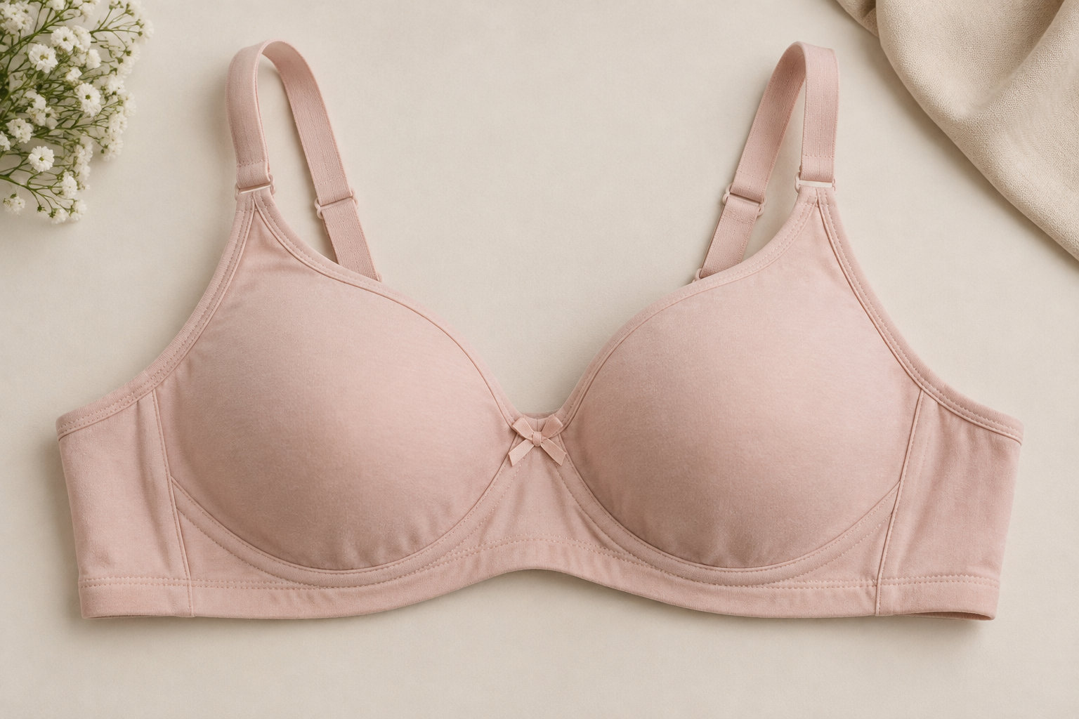 Un soutien-gorge rose pâle est posé à plat sur un fond beige, près de petites fleurs blanches et d’un tissu plié.