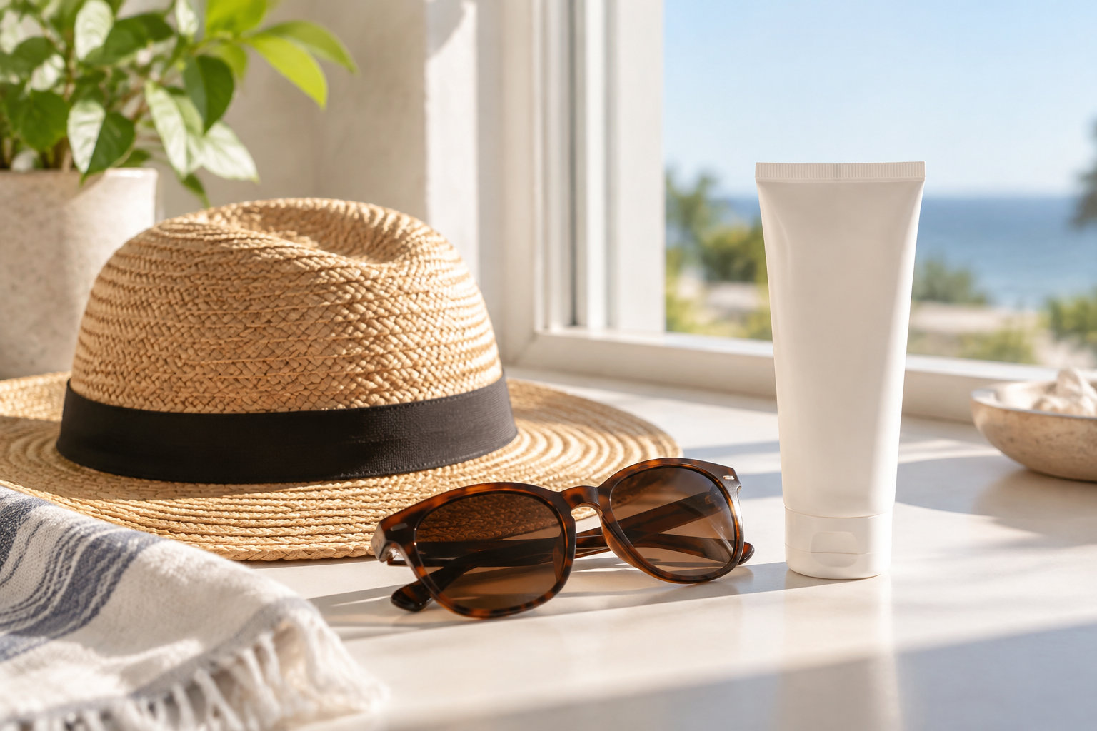 Un chapeau de paille, des lunettes de soleil et un tube blanc sont posés sur une table près d’une fenêtre ensoleillée.