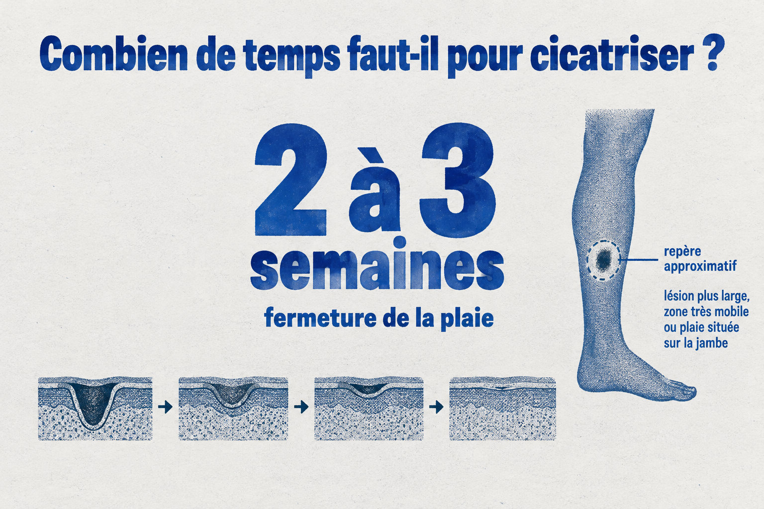 La fermeture de la plaie prend souvent 2 à 3 semaines, mais ce repère approximatif varie selon la plaie, sa taille, sa mobilité et sa localisation sur la jambe.